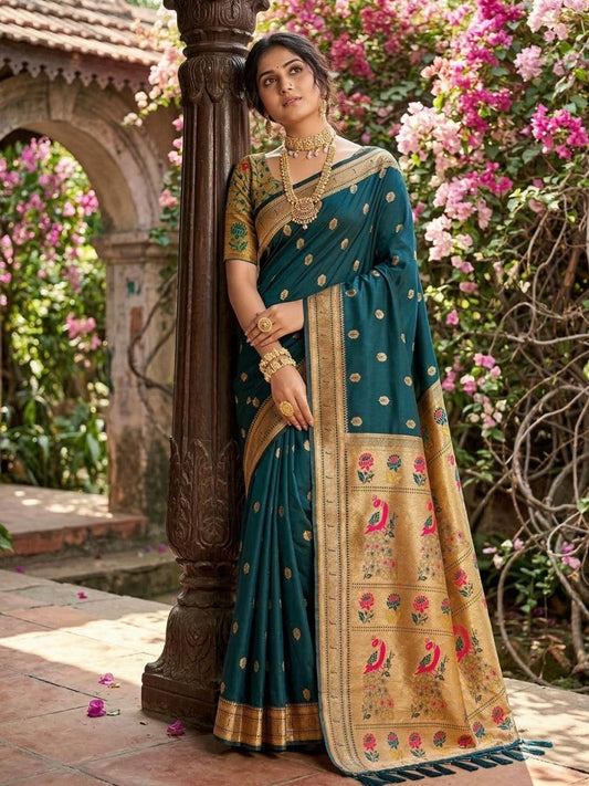 Teal Silk Blend Handloom Saree | EZB SI04 SUPAR1007 - EZBER