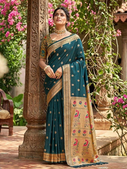 Teal Silk Blend Handloom Saree | EZB SI04 SUPAR1007 - EZBER