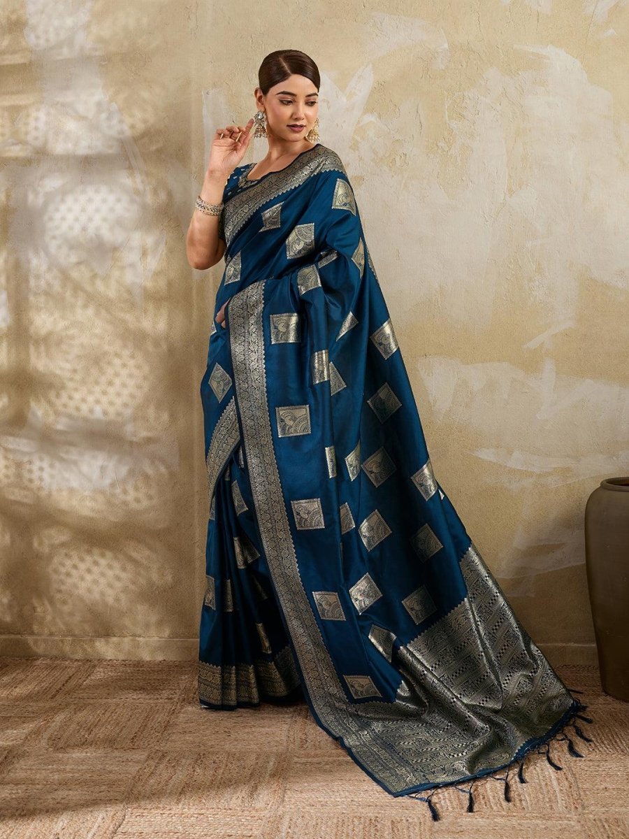 Teal Silk Blend Handloom Saree | EZB SI04 SURJW3005 - EZBER