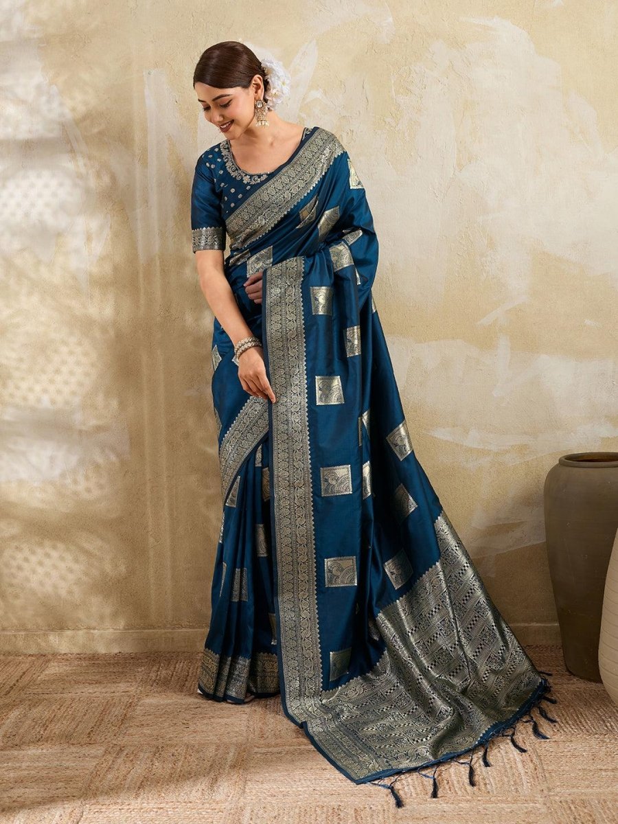 Teal Silk Blend Handloom Saree | EZB SI04 SURJW3005 - EZBER