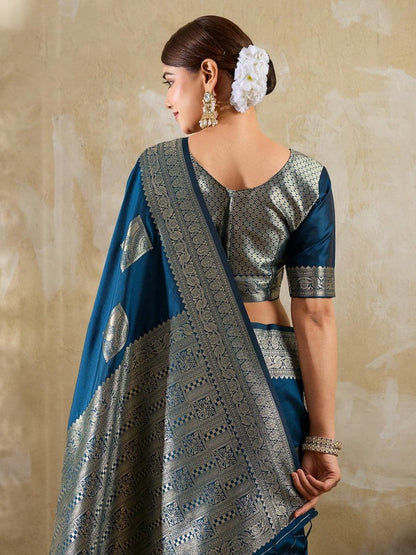 Teal Silk Blend Handloom Saree | EZB SI04 SURJW3005 - EZBER