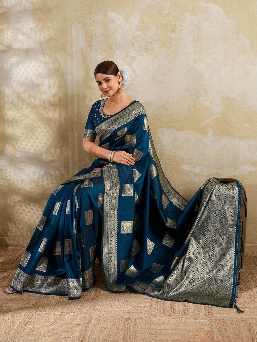 Teal Silk Blend Handloom Saree | EZB SI04 SURJW3005 - EZBER