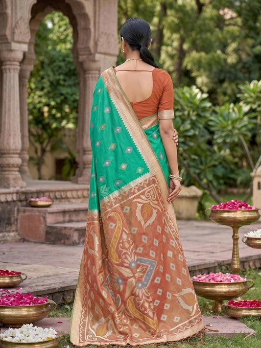 Teal Soft Silk Stripe N Motif Saree | EZB SI04 SRPOC8006 - EZBER