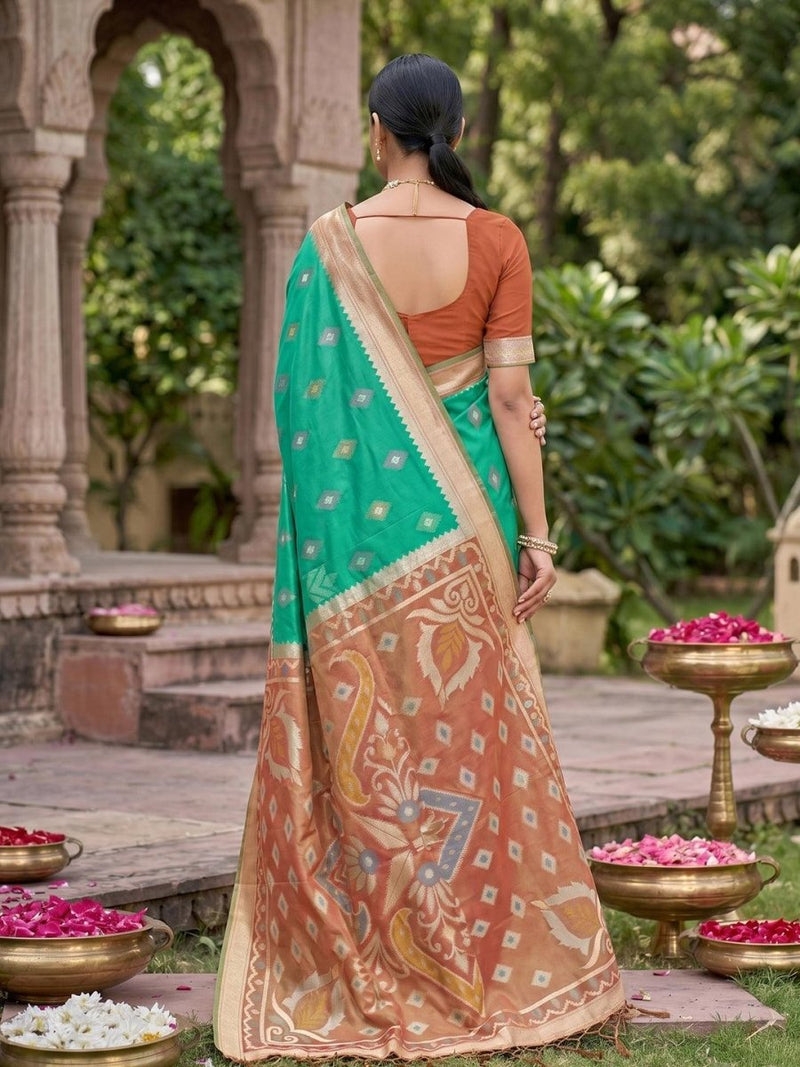 Teal Soft Silk Stripe N Motif Saree | EZB SI04 SRPOC8006 - EZBER