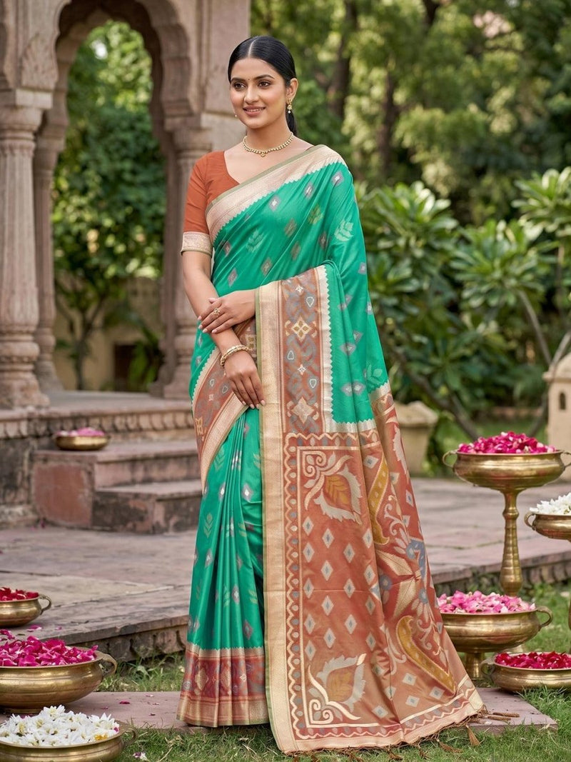 Teal Soft Silk Stripe N Motif Saree | EZB SI04 SRPOC8006 - EZBER