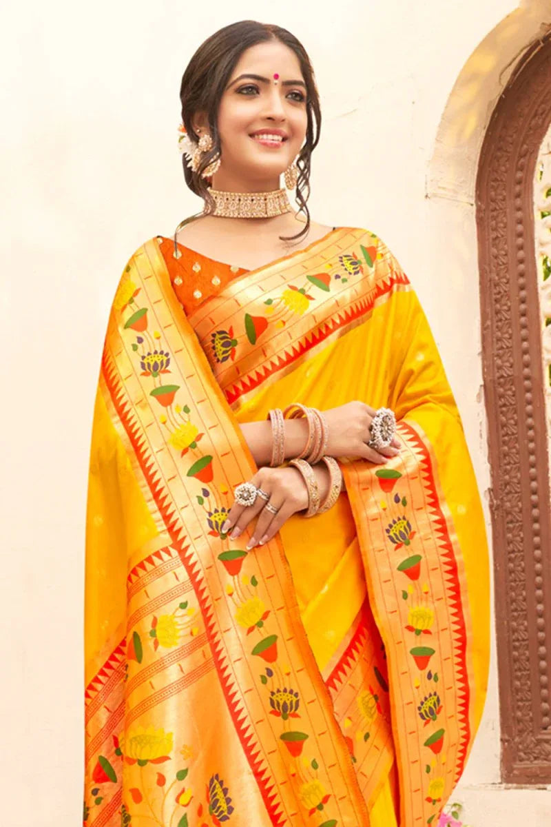 Turmeric Yellow Paithani Saree - EZBER