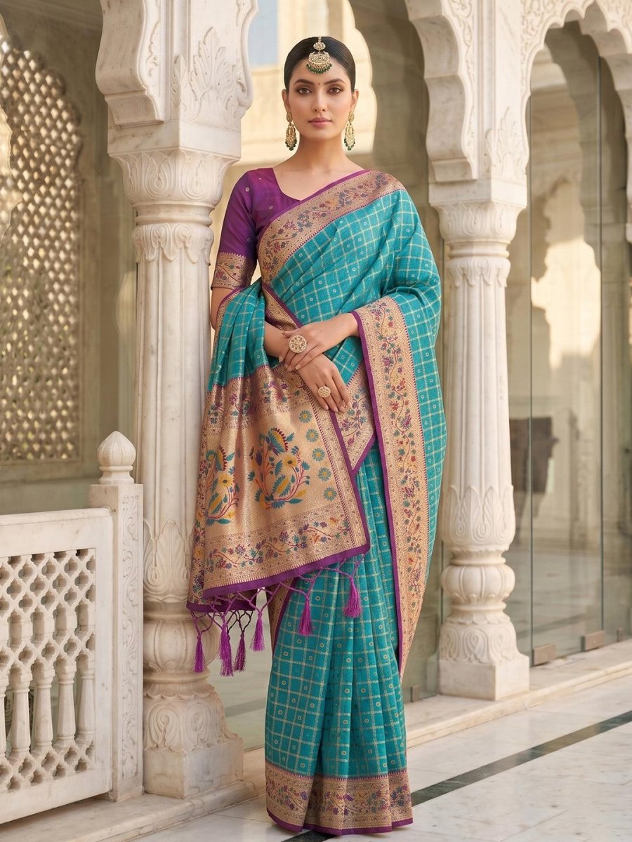 Turq Banarasi Silk Contrast Pallu Saree | EZB SI04 SUKLN1002 - EZBER