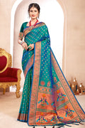Turquoise Paithani Silk Saree With Blouse Piece - EZBER