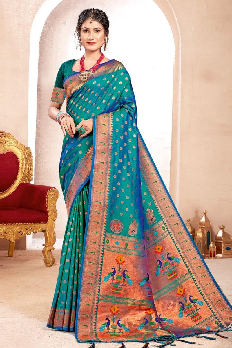 Turquoise Paithani Silk Saree With Blouse Piece - EZBER