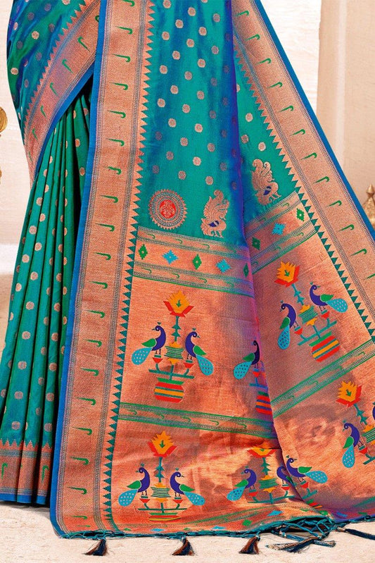 Turquoise Paithani Silk Saree With Blouse Piece - EZBER