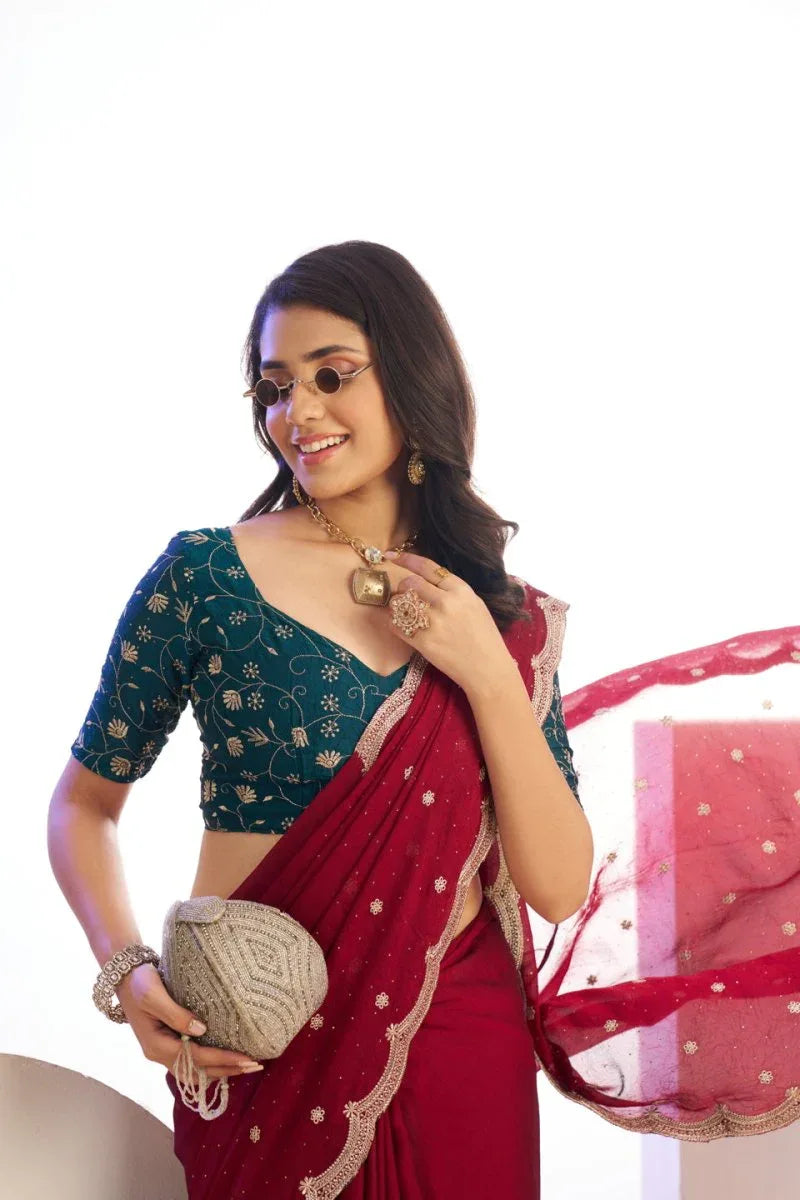 Vichitra Crunchi Sequins Embroidered Work With Blouse Piece - EZBER