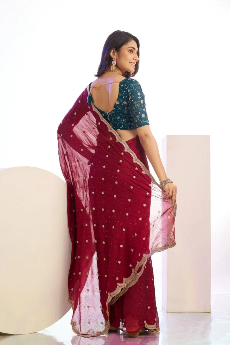 Vichitra Crunchi Sequins Embroidered Work With Blouse Piece - EZBER