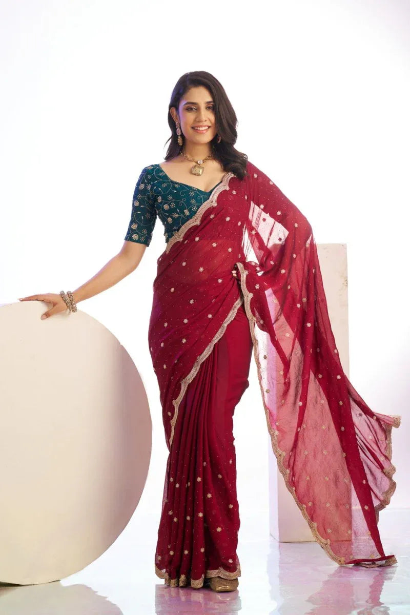 Vichitra Crunchi Sequins Embroidered Work With Blouse Piece - EZBER