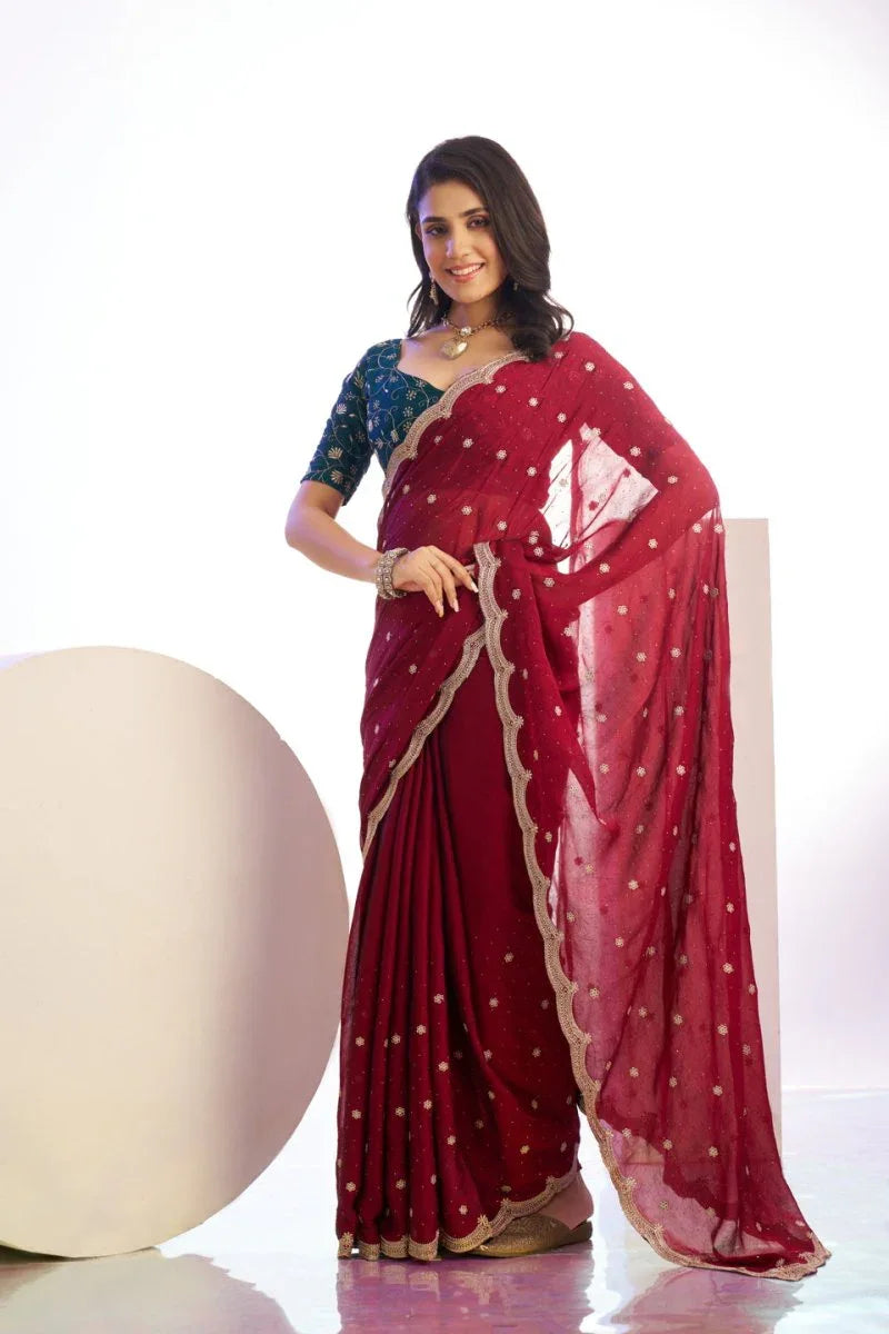 Vichitra Crunchi Sequins Embroidered Work With Blouse Piece - EZBER