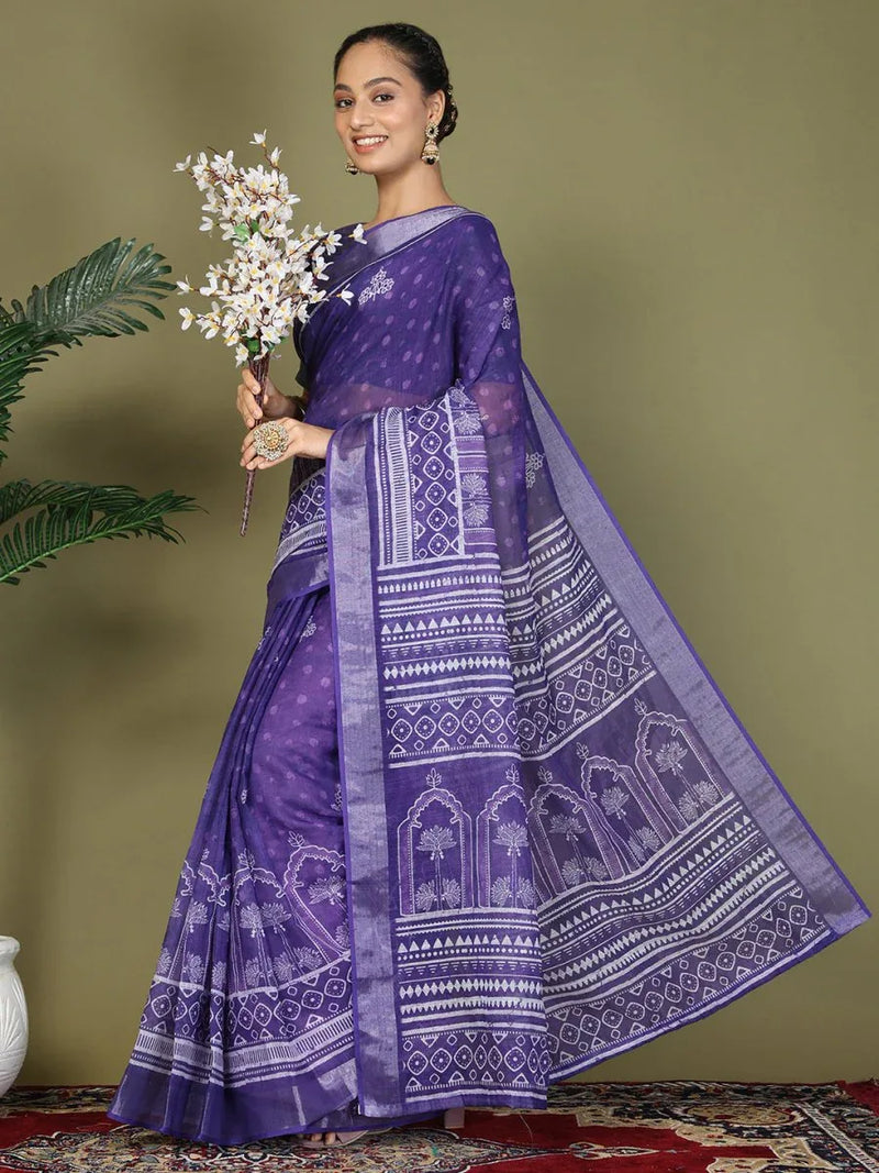 Violet Cotton Saree With Blouse Piece - EZBER