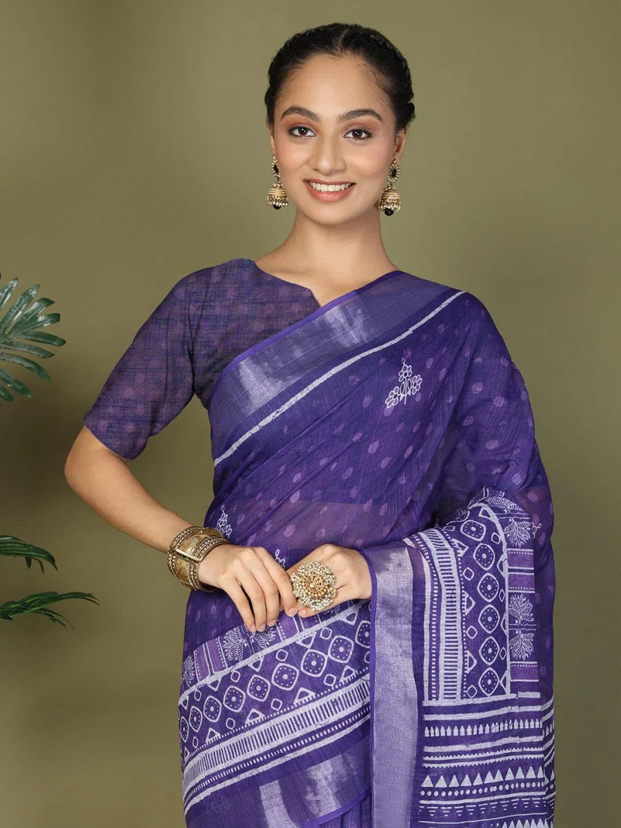 Violet Cotton Saree With Blouse Piece - EZBER