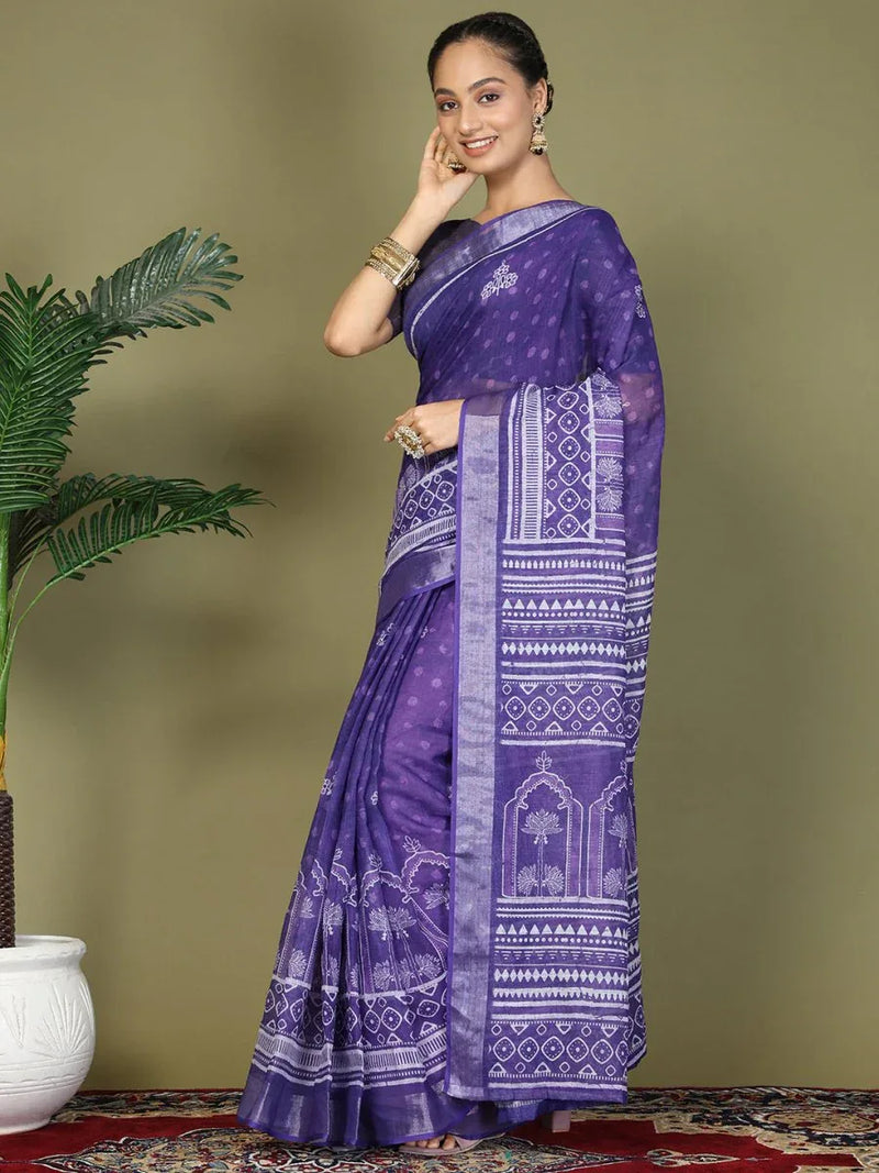 Violet Cotton Saree With Blouse Piece - EZBER