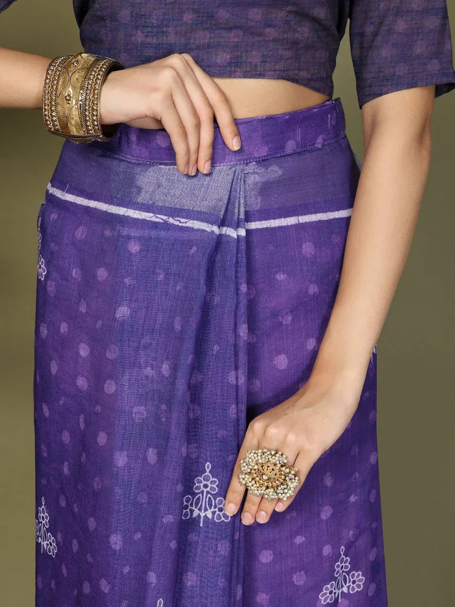 Violet Cotton Saree With Blouse Piece - EZBER
