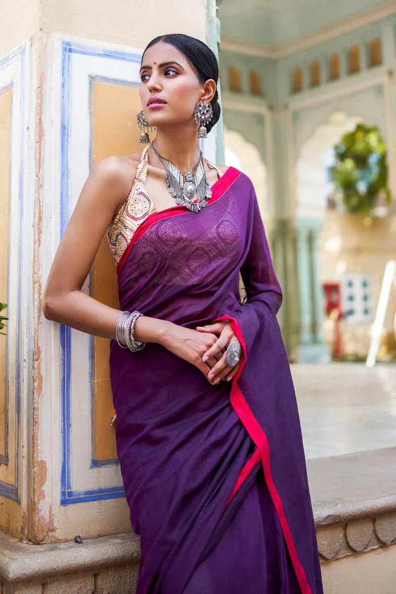 Violet Purple Mulmul Cotton Saree - EZBER