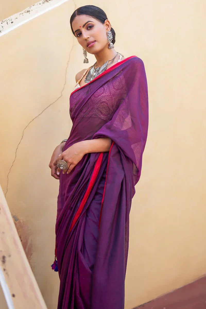 Violet Purple Mulmul Cotton Saree - EZBER