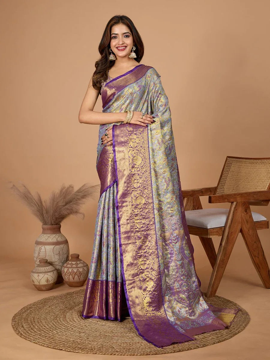Violet Semi Silk Saree With Blouse Piece - EZBER