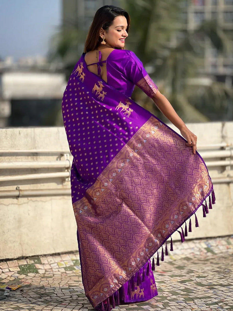 Violet Silk Blend Saree With Blouse Piece - EZBER