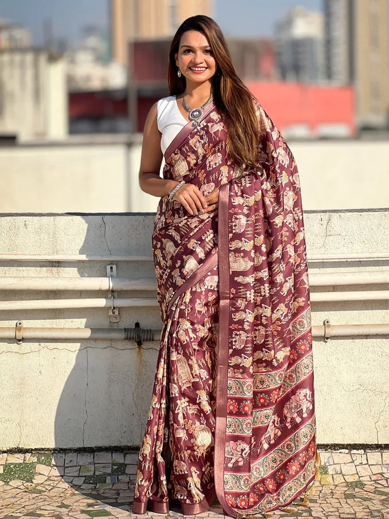 Violet Tussar Silk Saree With Blouse Piece - EZBER