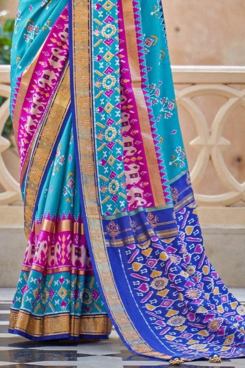 Vivid Blue Patola Saree - EZBER
