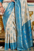 White And Blue Banarasi Saree - EZBER