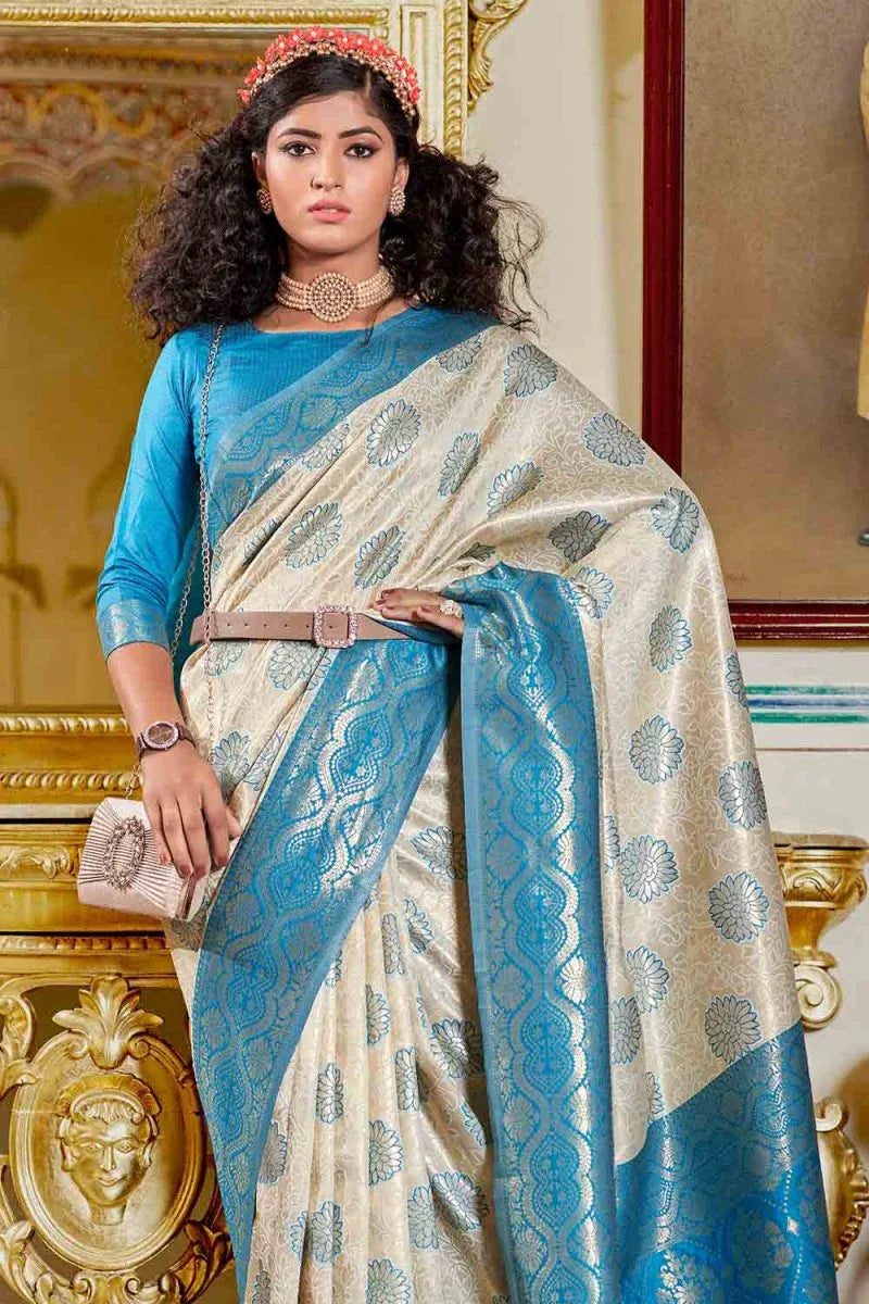 White And Blue Banarasi Saree - EZBER