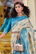 White And Blue Banarasi Saree - EZBER