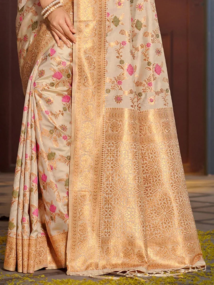 White Banarasi silk Saree with Blouse Piece  | EZBER