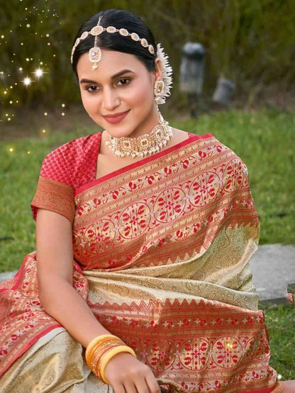 White Banarasi Silk Brocade Saree | EZB SI04 BWGAU1005