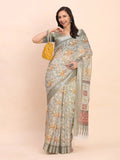 White COTTON CRUSH Linen Cotton Saree with Blouse Piece - EZBER