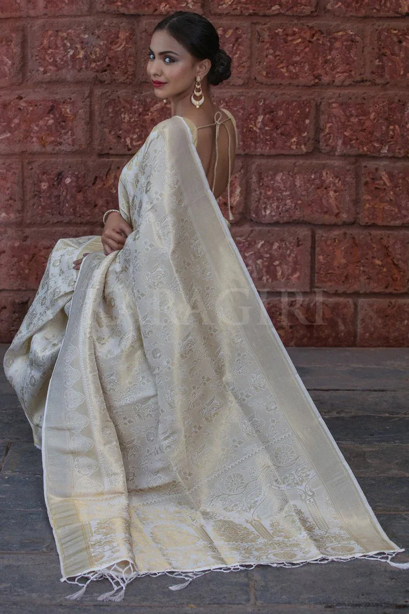 White Kanjivaram Saree - EZBER