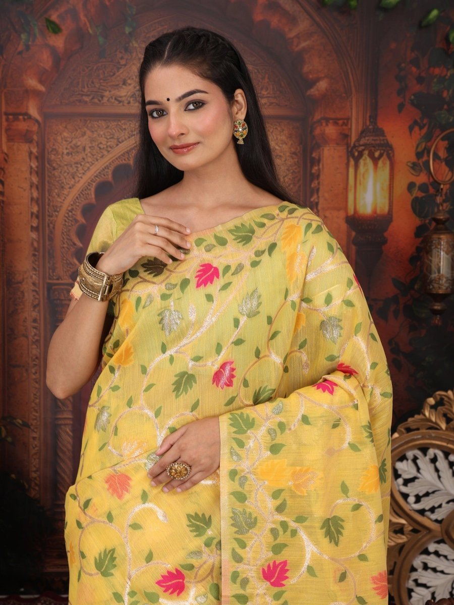 White Linen Cotton Brocade Saree | EZB SI04 ASGUL2005 - EZBER