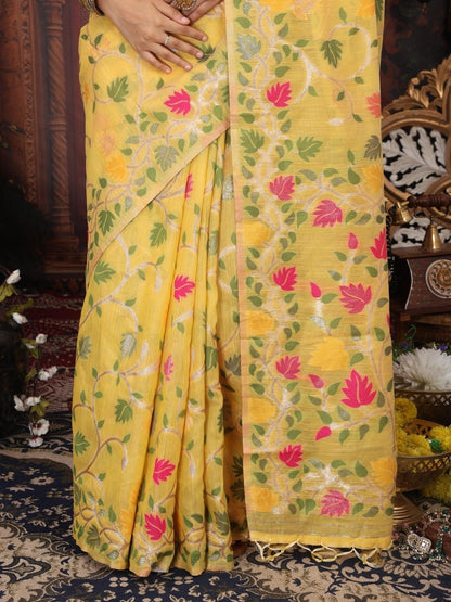 White Linen Cotton Brocade Saree | EZB SI04 ASGUL2005 - EZBER