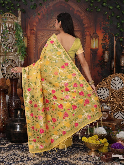 White Linen Cotton Brocade Saree | EZB SI04 ASGUL2005 - EZBER