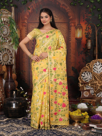 White Linen Cotton Brocade Saree | EZB SI04 ASGUL2005 - EZBER