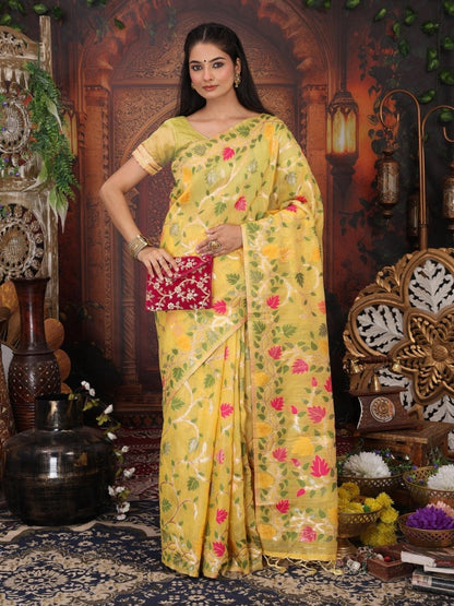 White Linen Cotton Brocade Saree | EZB SI04 ASGUL2005 - EZBER