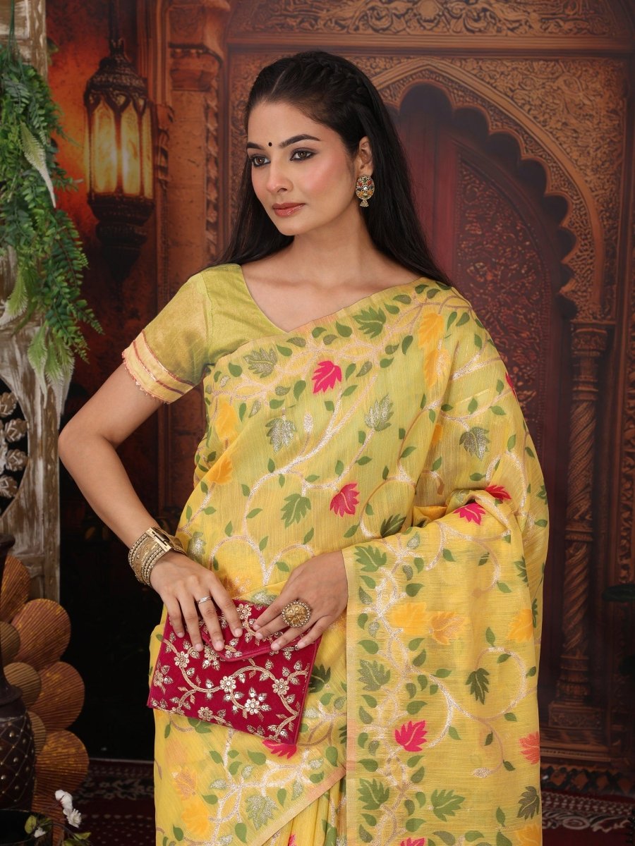 White Linen Cotton Brocade Saree | EZB SI04 ASGUL2005 - EZBER