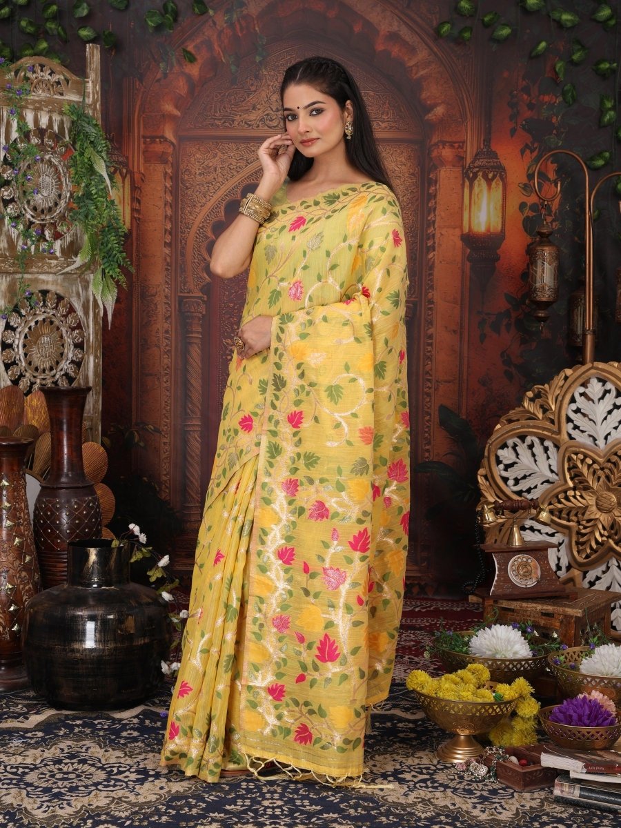 White Linen Cotton Brocade Saree | EZB SI04 ASGUL2005 - EZBER