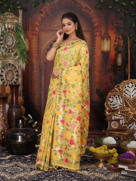White Linen Cotton Brocade Saree | EZB SI04 ASGUL2005 - EZBER