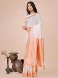 White Linen Cotton Brocade Saree | EZB SI04 ASTAR1003 - EZBER