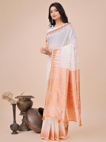 White Linen Cotton Brocade Saree | EZB SI04 ASTAR1003 - EZBER