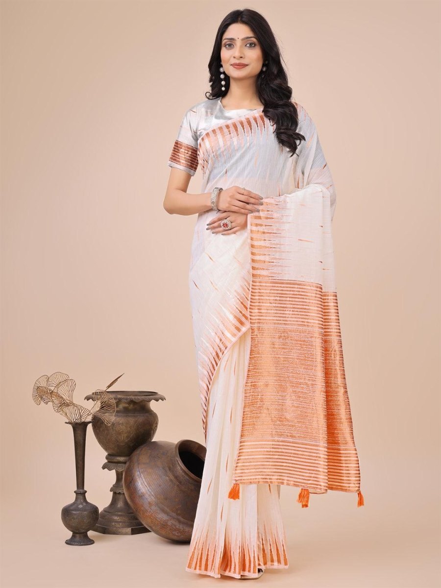 White Linen Cotton Brocade Saree | EZB SI04 ASTAR1003 - EZBER