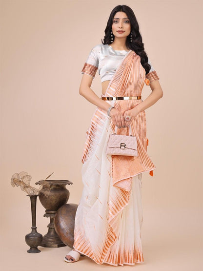 White Linen Cotton Brocade Saree | EZB SI04 ASTAR1003 - EZBER