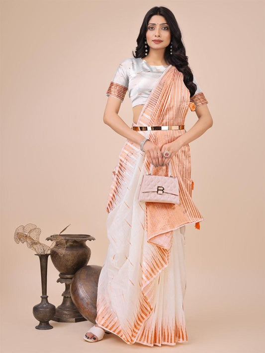 White Linen Cotton Brocade Saree | EZB SI04 ASTAR1003 - EZBER