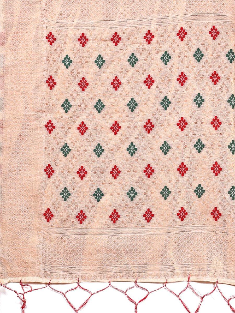 White Linen Cotton Saree With Blouse Piece - EZBER