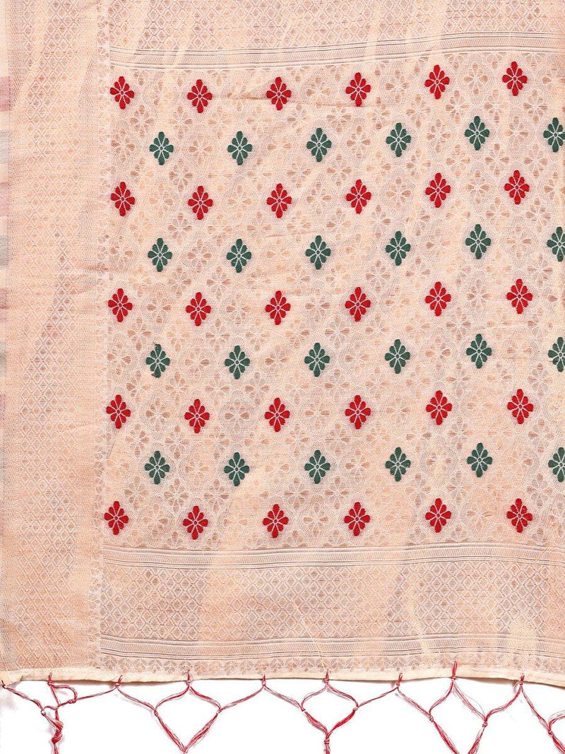 White Linen Cotton Saree With Blouse Piece - EZBER